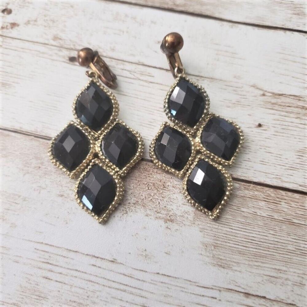 Vintage Clip On Earrings Statement Gold Tone with Faceted Black Gems